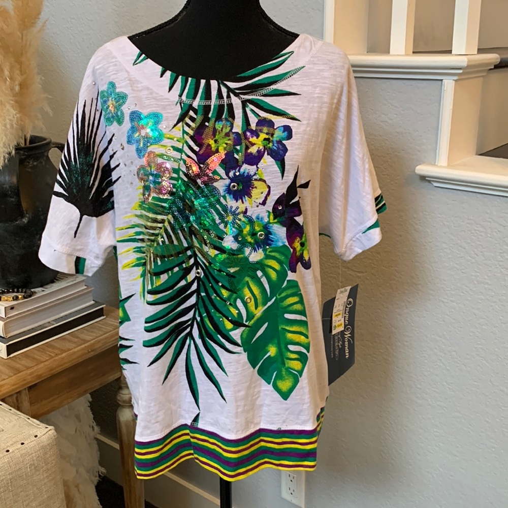 Stein Mart Multicolored Bedazzled Tropical Pattern Shirt - Picture 1 of 7